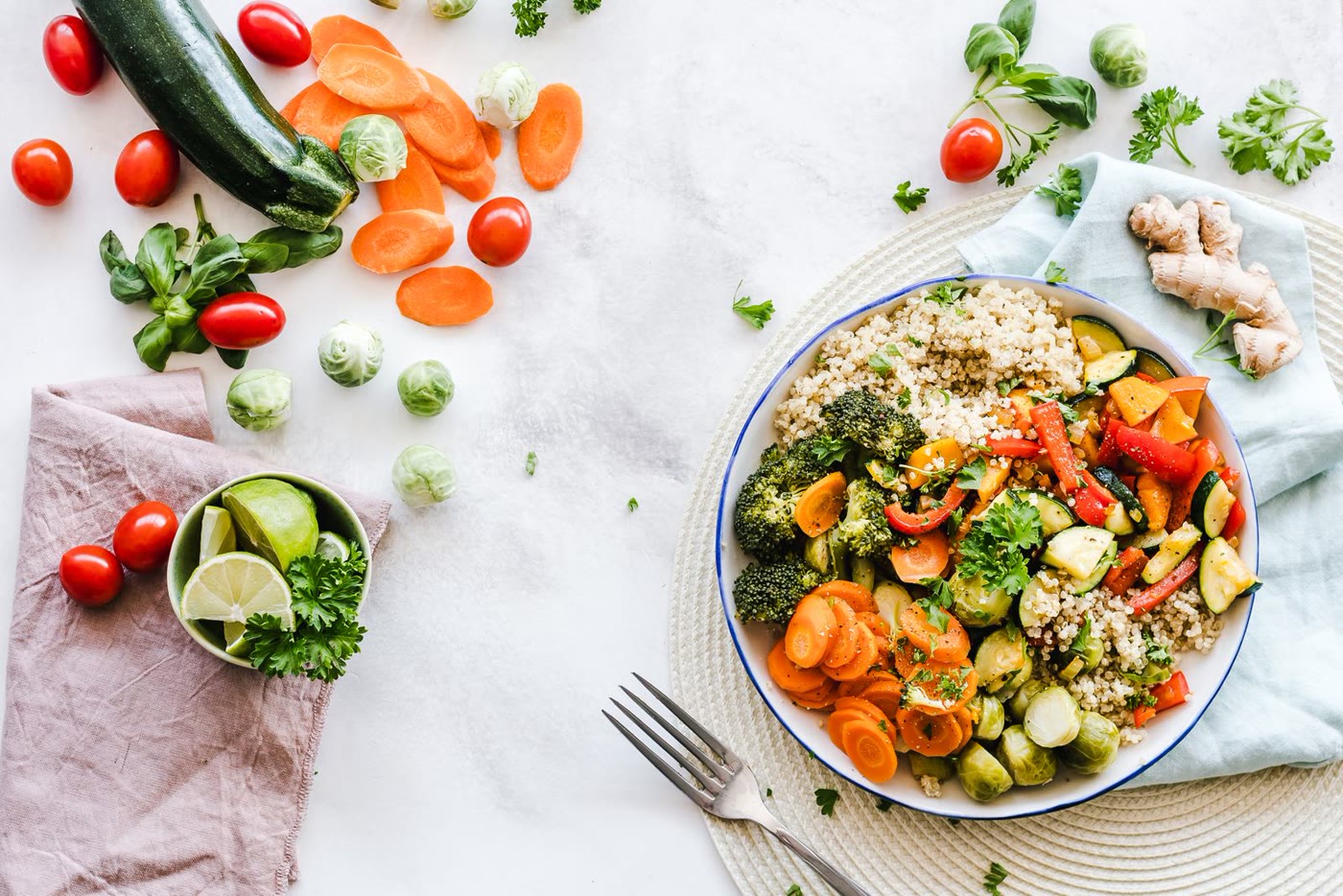 Bright plant-based vitality plate with quinoa and roasted vegetables